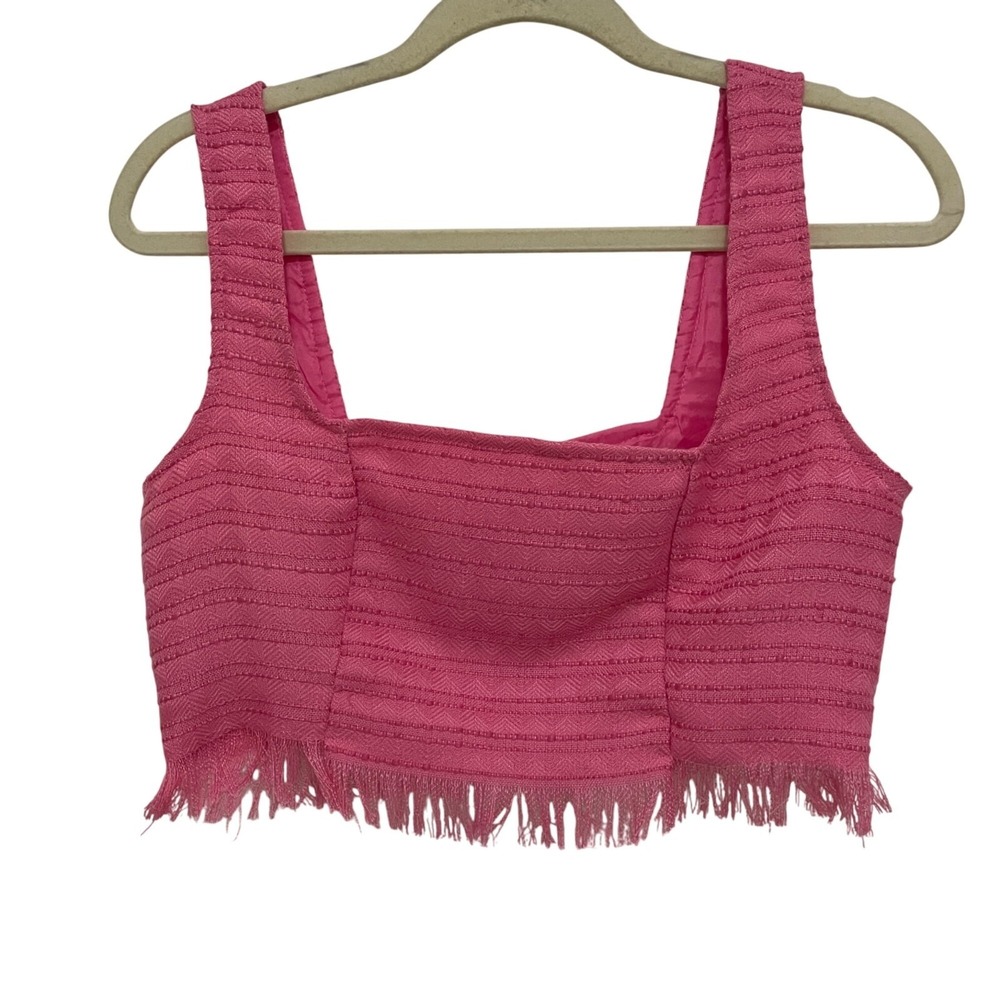 Missguided Crop Top Women‎ Size 4 Pink Textured Beaded Fringe Square Neck Zipper